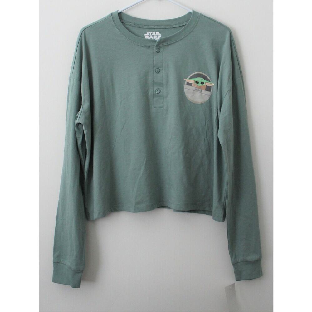 Juniors' Star Wars The Child Long Sleeve Henley Top Size XL Color Green NWT